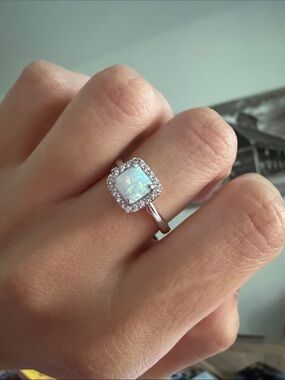 White Opal Crystal Halo silver ring- size 7, silver ring, silver rings